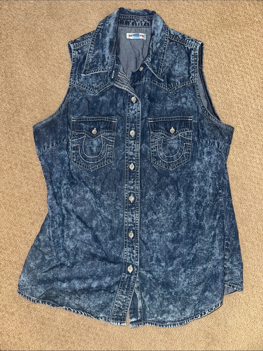True Religion Acid-Wash Denim Sleeveless Button-Down Shirt - Blue